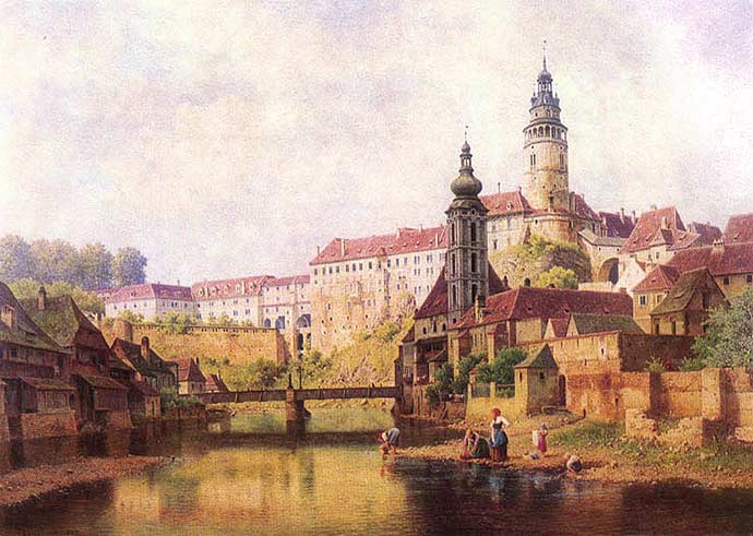 Český Krumlov, século 19, em pintura de Bedřich Havránek