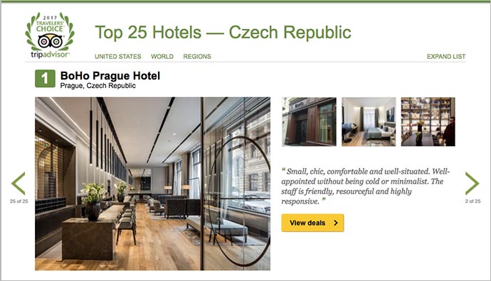 Hotel em Praga: página do Traveler's Choice, com o BoHo em 1º lugar na República Tcheca