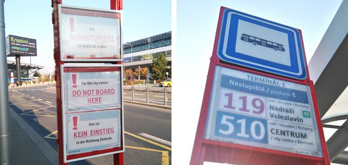 Placas mostrando onde é e onde não é o ponto de embarque do ônibus