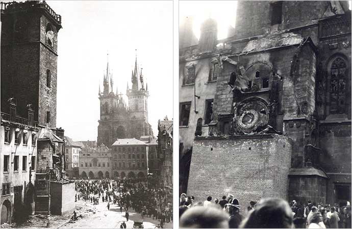 Praga: A Prefeitura da Cidade Velha e o Relógio Astronômico, depois do bombardeio, em 1945