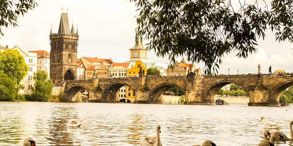 Ponte Carlos, em Praga: vista lateral, com cisnes