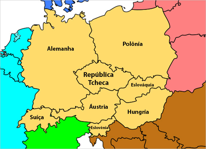 A Europa Central (em amarelo), segundo a definição do World Factbook, da CIA